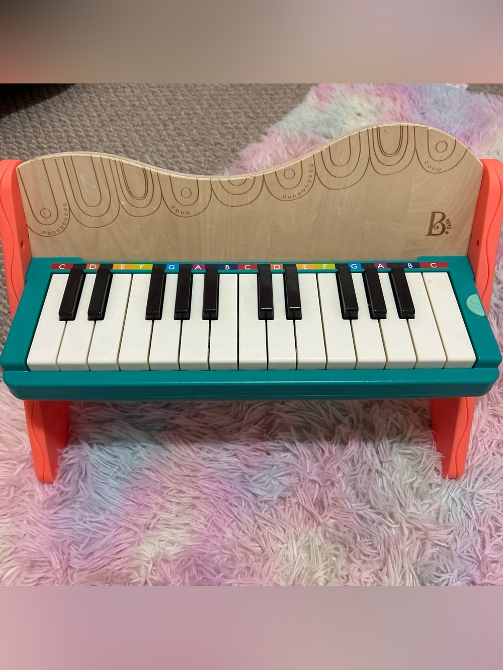 B toys Wooden Kids Piano Toy in Teal and Coral - Color-Labeled Keys